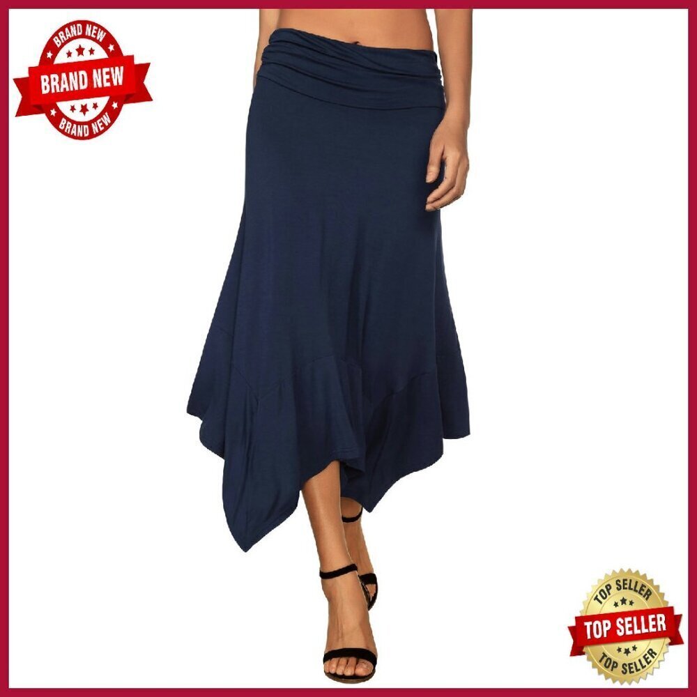 Flowy Handkerchief Hem Midi Skirt, Elastic Waist, Below Knee Length